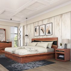 a bedroom with a bed, nightstands and pictures on the wall above it that is decorated in wood