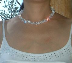 Swarovski Crystal Chunky Bridal Wedding Jewelry Choker Sterling Silver Necklace Clear Sparkling Jewelry For Wedding, Sparkling Clear Jewelry For Wedding, Sparkling Crystal Bridal Necklace For Anniversary, White Round Crystal Necklaces For Wedding, White Crystal Necklaces For Wedding, Crystal Bridal Necklace With Rhinestones For Anniversary, White Crystal Necklace For Wedding, White Sparkling Bridal Necklace For Anniversary, Sparkling White Bridal Necklace For Anniversary