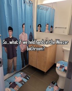 two men standing in front of a bathroom mirror with the words so what if we held hands in the weezer bathroom?