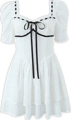 a women's white dress with black trimmings on the waist and shoulders