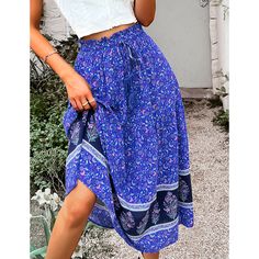 Blue Bohemia Print Lace-up Boho Skirt Blue Bohemian Bottoms With Boho Print, Blue Boho Print Hippie Bottoms, Bohemian Blue Bottoms With Boho Print, Blue Hippie Bottoms With Boho Print, Blue Floral Print Maxi Skirt For The Beach, Hippie Blue Bottoms With Boho Print, Blue Boho Print Maxi Skirt For Vacation, Blue Floral Print Bottoms For Festival, Bohemian Purple Bottoms With Floral Print