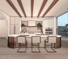 an artist's rendering of a modern kitchen with white cabinets and wood beams on the ceiling