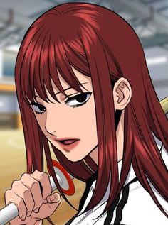 an anime character with long red hair holding a baseball bat and looking at the camera