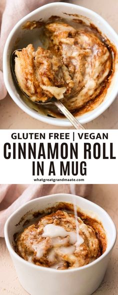 a bowl of cinnamon roll in a mug with the text gluten free vegan cinnamon roll in a mug