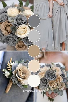 the bride and groom are holding their bouquets in different shades of gray, beige, and white