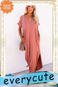 Pink Loose Fit Cotton Blend V Neck Maxi Dress with Slits Solid Color Spring Dress With Split Hem, V-neck Midi Dress With Split Design, Casual Long Dresses With Side Slits, Solid Maxi Dress With Side Slits And Split Hem, Casual Split Hem Dress, Spring Midi Dress With Split Hem, Spring Midi Dress With Split Design And Split Hem, Casual Long Midi Dress With Side Slits, Solid V-neck Dresses With Side Slits