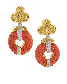 David WebbCoral Earrings $ 42,000 Carved coral, brilliant-cut diamonds, hammered 18K gold, and platinum Jewelery Earrings, David Webb, Art Ancien, Marissa Collections, Bold Jewelry, Luxury Earrings, Coral Earrings, Coral Jewelry, Fabulous Jewelry