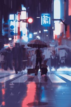 people walking in the rain with umbrellas on a city street at night under neon lights