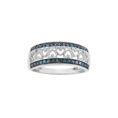 Featuring a diamond-accented heart design accompanied by rows of blue diamonds, this ring evokes a bold, beautiful look. Comes in a gift box. Featuring a diamond-accented heart design accompanied by rows of blue diamonds, this ring evokes a bold, beautiful look. Comes in a gift box. Width: 7.88 mm Metal: white rhodium-plated sterling silver, black rhodium-plated sterling silverDIAMOND DETAILS Total weight: 1/4 ct. Shape: round Setting: prong Color: blue, white Color grade: H-I Clarity: I1-I2 Dia Blue Diamond Ring With Single Cut Diamonds For Anniversary, Blue Diamond Promise Ring With Accents, Blue Pave Setting Anniversary Rings, Blue Diamond Promise Ring With Pave Setting, Blue Diamond Ring With Pave Setting For Anniversary, Blue Diamond Ring With Accents For Anniversary, Blue Rings With Diamond Accents For Anniversary, Blue Diamonds, Silver Heart Ring