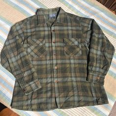 Pendleton 1962 Vintage 100% Virgin Wool Plaid Button Down Shirt Olive , Grey , Black, Red , & Yellow Burnt Orange Buttons Two Breast Pockets Size L Excellent Condition For 1962 Vintage ( Small Hole On Sleeve) Fast Shipping Fall Wool Button-up Flannel Shirt, Retro Long Sleeve Flannel Shirt With Button Closure, Pendleton Flannel, Pendleton Shirts, Vintage Flannel Button-up Shirt With Pockets, Vintage Plaid Button-up Flannel Shirt, Wool Plaid, Casual Shirts For Men, Burnt Orange