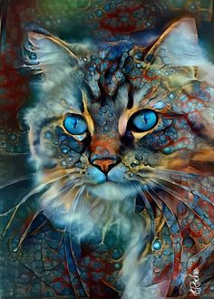 a painting of a cat with blue eyes and an artistic look on its face is shown