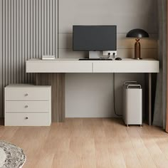 a white desk with a computer on top of it in front of a wall mounted television