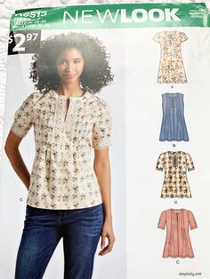 a woman's blouse and top sewing pattern from the new look book, featuring an image of her