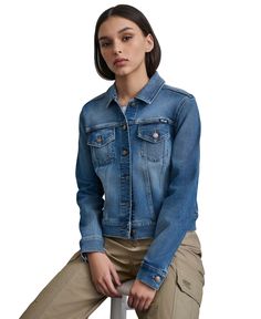 in stock Casual Denim Outerwear With Button Zip Fly, Fitted Medium Wash Outerwear With Flap Pockets, Denim Trucker Jacket, Dkny Jeans, Trucker Jacket, Pick Up, In Store, Buy Online, Women Jeans