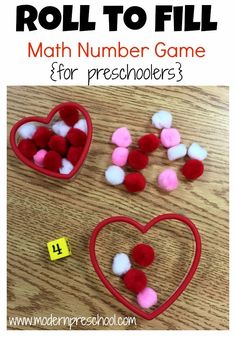 valentine's day roll to fill math game for preschoolers with hearts and dices