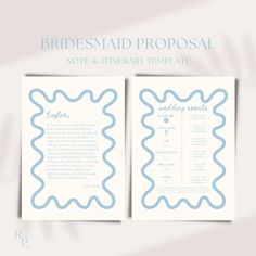 two wedding programs with blue waves on the front and back, one is for bridesmaid