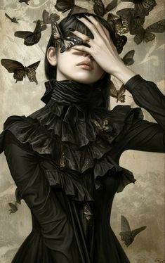 a woman in black dress with butterflies flying around her head and hands on her face