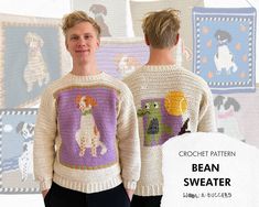 two boys wearing sweaters with dogs on them and the text crochet pattern bean sweater