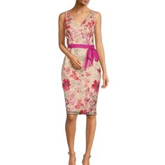 From Eliza J, This Dress Features: Mesh Fabrication V Neckline Sleeveless Waist Sash All Over Floral Embroidery Fully Lined Center Zip Back Closure Approx. 43" Length From Shoulder To Hem Polyester Hand Wash, Lay Flat Imported. Color:Red Multi Elegant Pink Sleeveless Dress With Floral Print, Elegant Pink Floral Print Sleeveless Dress, Pink Knee-length Sleeveless Cocktail Dress, Spring Pink Sleeveless Cocktail Dress, Pink Sleeveless Spring Cocktail Dress, Fitted Sleeveless Dress With Floral Embroidery, Eliza Dress, Waist Sash, Eliza J Dresses