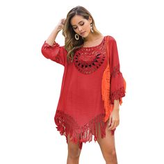 Red Hollow Out Tassel Hem Beach Cover Casual Beach Cover-up With Tassels, Red Casual Cover-up For Vacation, Casual Festival Cover-up With Tassels, Casual Red Cover-up For Vacation, Red Bohemian Spring Cover-up, Casual Fringe Cover-up For Festival, Casual Red Beach Cover-up, Bohemian Red Cover-up For Vacation, Casual Beach Tassel Cover-up