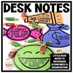 the front cover of desk notes magazine with candy and candies on it's back