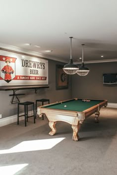 a man cave with pool table, bar stools and large poster on the wall