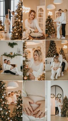 a collage of photos showing people decorating christmas trees in their living room and kitchen