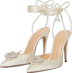 Luxury Satin Heels With Heel Strap, Elegant Ankle Tie Heels For Wedding, Glamorous Embellished Satin Heels, Elegant Wedding Shoes With Ankle Tie And Wrapped Heel, Elegant Ankle Tie Wedding Shoes With Wrapped Heel, Luxury Satin Heels With Pointed Toe, Glamorous Ankle Tie Heels For Formal Occasions, Glamorous Ankle Tie Heels For Formal Events, Elegant Ankle Tie Heels