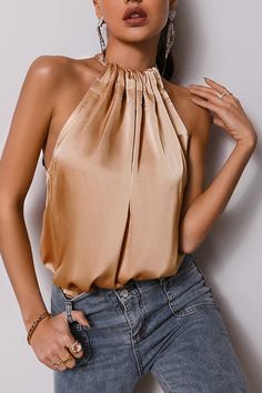 Satin Ruffle Sleeveless Sexy Top | Jeans.com. Cocktail Tops For Women, Gold Top Outfit Casual, Satin Summer Tops, Party Tops For Women Classy, Satin Top Pattern, Gold Top Outfit, Satin Tops For Women, Classy Summer Fashion, Satin Top Outfit