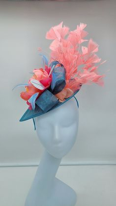 Teal Blue Wedding Fascinator with shades of pink and Coral. Bridesmaids Hat Kentucky Derby Cocktail Party Tea Party Guest Easter Kate Middleton - Headband and hairclip - Ready to ship - Lightweight - Free Shipping - Fast shipping - Customize by adding different color flowers and or feathers Check my store for styles and colors. Hatsandpearls.etsy.com Find more at my website: Www.hatsandpearls.com Reach out to me if you can't find what you are looking for. I can make cake custom orders and help y Blue Fascinator With Short Brim For Summer, Summer Blue Fascinator With Short Brim, Blue Short Brim Fascinator For Summer, Blue Short-brimmed Fascinator For Summer, Blue Summer Fascinator Hat, Spring Blue Fascinator With Short Brim, Blue Spring Hat With Structured Crown, Pink Structured Crown Headpiece For Summer, Blue Structured Crown Hat For Spring