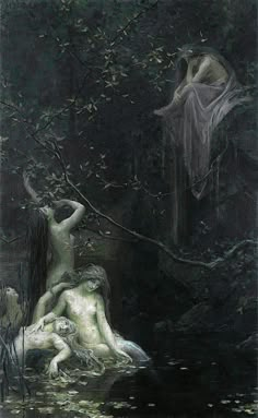 an image of two women in the water with trees and leaves around them, one woman is