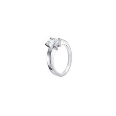 a white gold ring with a princess cut diamond in the center, on a white background