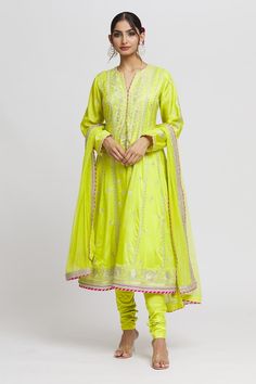 Lime green anarkali with thread, sequin, gota embroidery in floral pattern. Paired with churidar and dupatta. - Aza Fashions Gopi Vaid, Green Anarkali, Green Thread, Embroidered Anarkali, Neck Designs For Suits, Churidar, Set For Women, Anarkali, Embroidery Thread