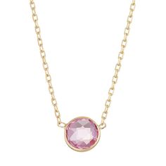 "Adorned with an illuminating lab-created pink sapphire gemstone, this 10k gold circle pendant offers alluring appeal.PENDANT DETAILS Pendant length: .25 in. Chain length: 17 in. Clasp: spring-ring Metal: 10k gold STONE DETAILS Stone type: lab-created pink sapphire Total weight: 7/8 ct. Shape: round Setting: bezel Gemstones may have been treated to enhance their appearance. Special care may be required.  Size: 17"". Gender: female. Age Group: adult." Elegant Pink Pendant Birthstone Necklace, Pink Gemstone Necklace In 14k Gold, Pink Gemstone Birthstone Necklace For Anniversary, Round Pink Sapphire Jewelry In Pink Gold, Classic Pink Jewelry With Bezel Setting, Classic Pink Bezel Set Jewelry, Formal Pink Sapphire Jewelry With Bezel Setting, Classic Round Pink Sapphire Jewelry, Pink Birthstone Round Pendant Necklace