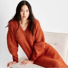 New With Tags 1x Y Oversized V-neck Midi Dress For Fall, Oversized V-neck Dress For Fall, Relaxed Fit V-neck Dress For Fall, Midi Sweater Dress, Dresses V Neck, Sweater Dress Midi, Color Orange, Sweater Dress, Midi Dress