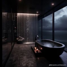 a large bath tub sitting in the middle of a bathroom next to a shower head