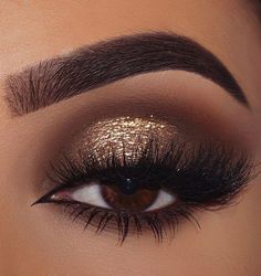 Eye Makeup For Night Wedding, Goldish Eye Makeup, Brown Smokey Eye With Gold Shimmer, Bridesmaids Makeup Smokey Eye, Wedding Makeup For Brown Eyes Dramatic, Smokey Eye With Gold Makeup, Brown Smokey Eye Glitter, Matric Makeup Ideas, 21st Birthday Makeup Ideas Natural