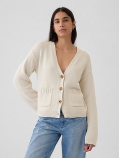 Soft cotton cardigan sweater.  V-neck, button front.  Long sleeves.  Slim patch pockets at hem.  * Fit: Relaxed.  A straight & easy fit.  * Style Note: For a more Classic fit, go down one Cable Cardigan, Cardigan Beige, Summer Cardigan, Cream Cardigan, Pocket Cardigan, Beige Cardigan, Gap Sweater, Cable Knit Cardigan, Cotton Cardigan