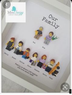 the lego family is displayed in a shadow box with their names and pictures on it