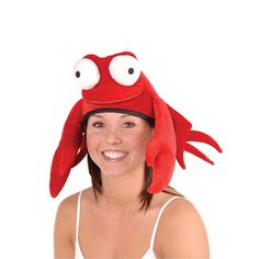 A women wearing a plush crab hat. Halloween Piñatas, Crab Hat, Crab Plush, Red King Crab, Red King, Honeycomb Decorations, Toddler Parties, Birthday Bouquet, Balloon Weights