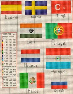 a cross stitch pattern with different countries and their flags on the same piece of paper