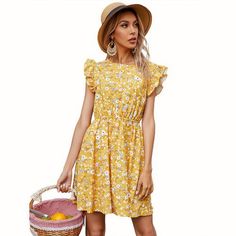 Pattern: flowerApplicable age: 18-24 years oldLength: MiddleCollar type: Round neckSleeve length: Short sleeveColor: yellow Short Pollera, Short Sleeved Dress, Ruffle Flower, Orange Skirt, Flower Shorts, Floral Dresses Long, Bohemian Clothes, Short Skirt, Spring Dresses