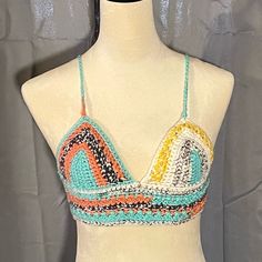 Painted Canyon Boho Beach Festival Halter Bikini Top Hand Crochet Xsmall/Small Waterproof Measurements Taken Flat Cup Mid Top2bottom 9” Bottom Width 13” Adjustable Ties 100% Acrylic Orange Crochet Beach Top For Spring, Orange Crochet Top For Beach And Spring, Fitted Multicolor Crochet Swimwear, Multicolor Crochet Beachwear Top For Vacation, Multicolor Crochet Beachwear Top For Beach Party, Striped Triangle Halter Top For Beach, Multicolor Crochet Halter Top For Beach, Striped Triangle Halter Top For Vacation, Crochet Multicolor Halter Top For Beach