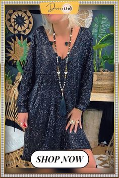 Women's Dresses Loose Sequin V-neck Long Sleeve Dress Fall V-neck Sequin Dress, Fall Sequin V-neck Dresses, Fall Sequined V-neck Dresses, Casual Long Sleeve V-neck Dress For Party, Casual V-neck Mini Dress For Evening, Casual V-neck Evening Dress, Summer Sequin V-neck Mini Dress, Sequin V-neck Summer Dress, Chic Sequined V-neck Midi Dress