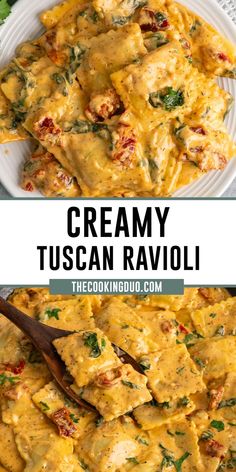 Close-up of creamy Tuscan ravioli on a plate Sausage With Ravioli, Beef Ravioli Dinner Ideas, Pesto Chicken Ravioli Recipe, Mediterranean Ravioli Recipes, Ravioli With Sausage And Peppers, Dinners With Ravioli, How To Cook Ravioli Pasta, Cheese Ravioli With Sausage, Ground Chicken And Ravioli