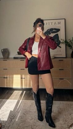 Burgundy red leather jacket Leather Jacket Cowgirl Outfit, Wine Date Night Outfit, Club Outfits Fall Night, Cowboy Boots Night Out Outfit, Leather Jacket Boho Outfit, Oxblood Leather Jacket, Thanksgiving Outfit Burgundy, Night Out In Denver Outfit, Burgundy Leather Dress Outfit