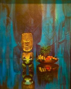 a painting of a tiki sitting next to a bowl of fruit