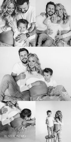 black and white photos of a family posing for the camera with their baby bump bump