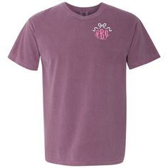 Add a perfect personal touch of embroidered girly glam to any look- “Put A Bow On It”🎀 Perfect for any occasion, this Monogrammed 'Bow' Comfort Colors T-Shirt is sure to turn heads and make a statement :) Pink Monogrammed Crew Neck Top, Pink Monogram Crew Neck Top, Pink Crew Neck Top With Monogram, Pink T-shirt With Embroidered Graphics And Relaxed Fit, Pink Monogrammed Cotton Top, Pink T-shirt With Embroidered Graphics In Relaxed Fit, Pink Monogram Cotton Top, Pink Relaxed Fit T-shirt With Embroidered Graphics, Pink Short Sleeve T-shirt With Embroidered Graphics