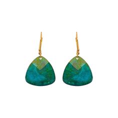 a pair of earrings with green and blue shapes